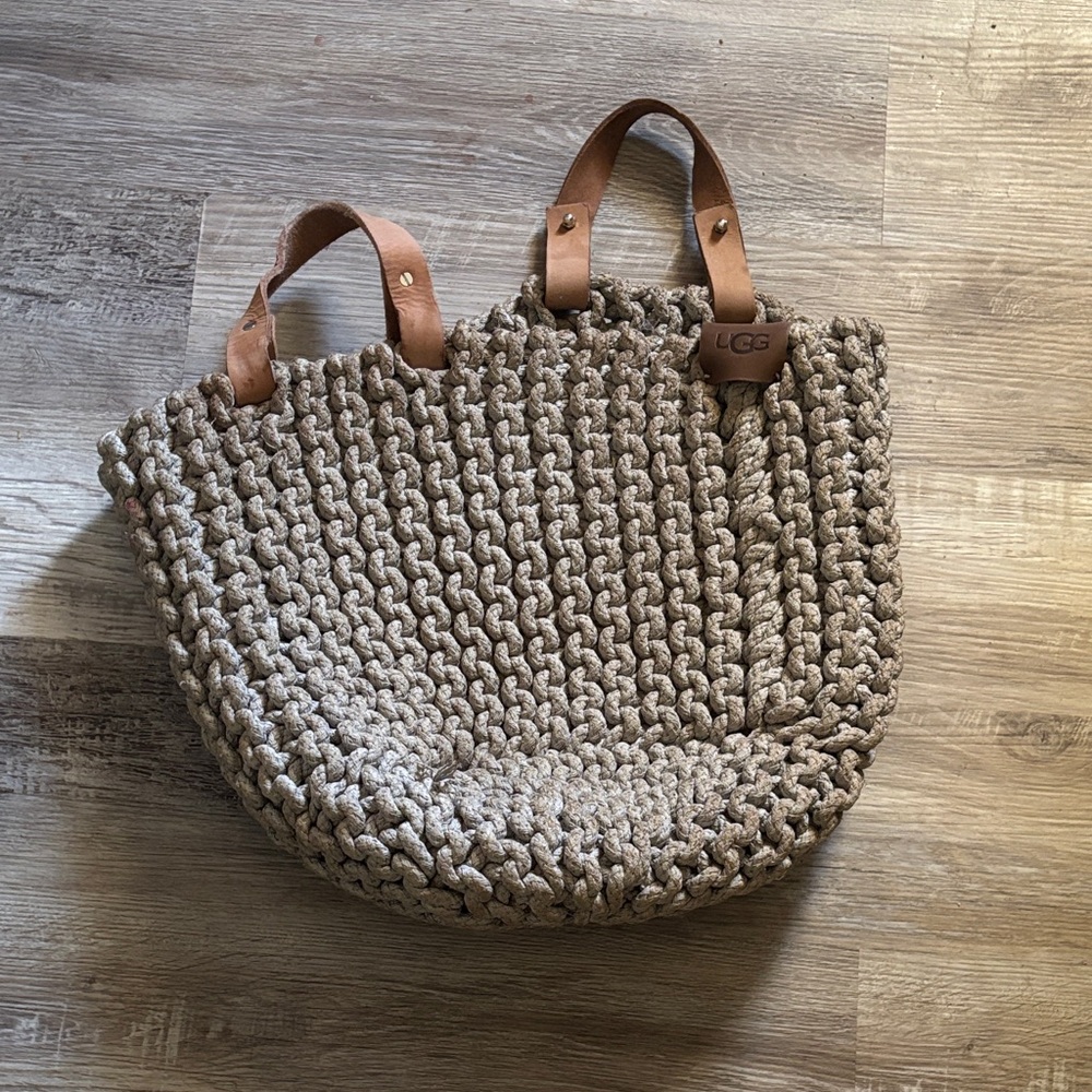 UGG Rope Basket Tulum Gray Woven Chunky Leather Handles 20”